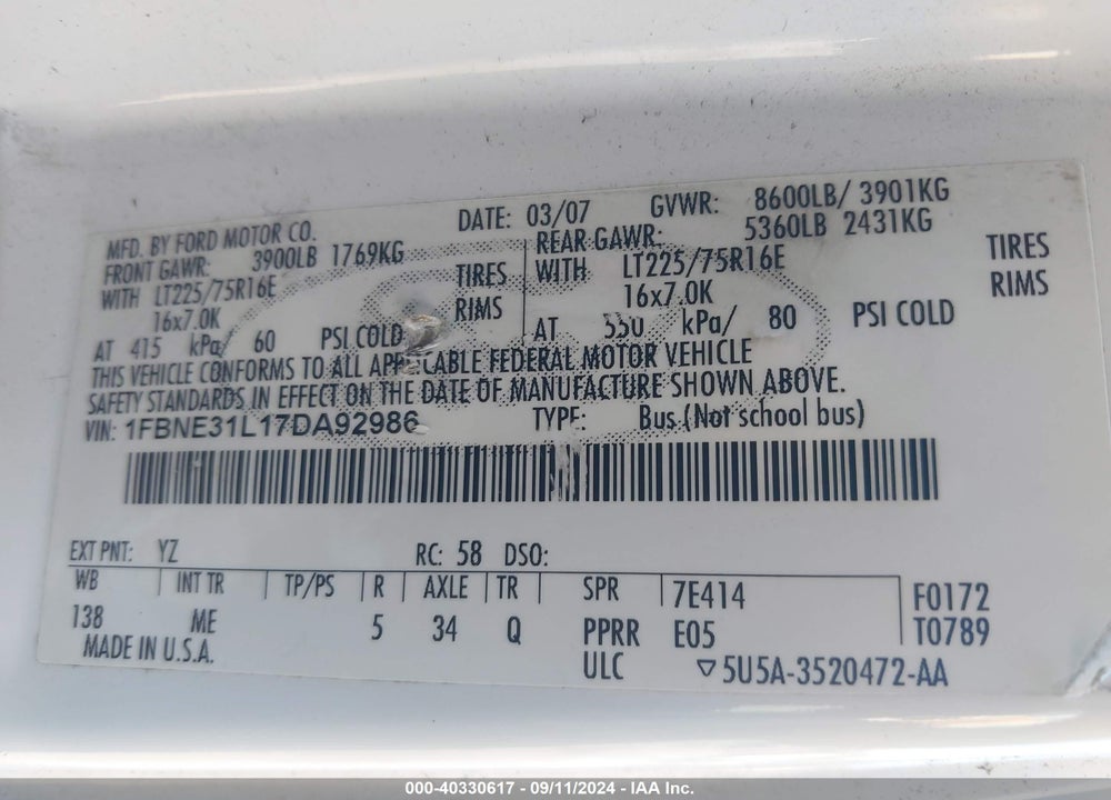 2007 FORD E-350 SUPER DUTY XL/XLT VIN: 1FBNE31L17DA92986