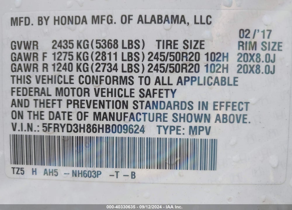 2017 ACURA MDX ADVANCE PACKAGE VIN: 5FRYD3H86HB009624