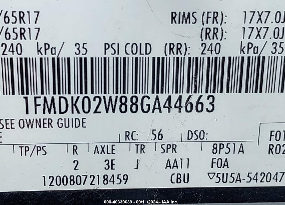 2008 FORD TAURUS X SEL VIN: 1FMDK02W88GA44663