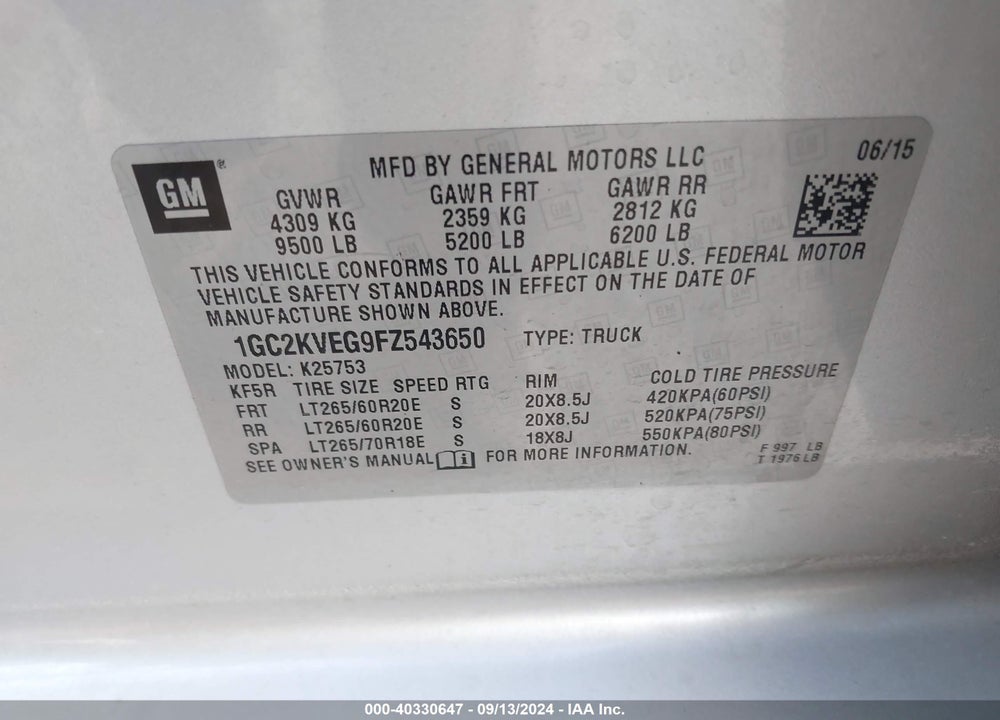 2015 CHEVROLET SILVERADO 2500HD LT VIN: 1GC2KVEG9FZ543650