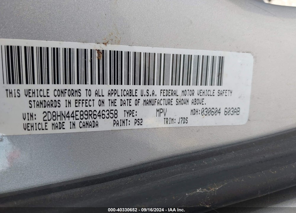 2009 DODGE GRAND CARAVAN SE VIN: 2D8HN44E89R646358