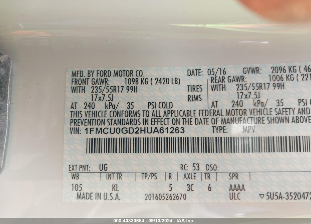 2017 FORD ESCAPE SE VIN: 1FMCU0GD2HUA61263