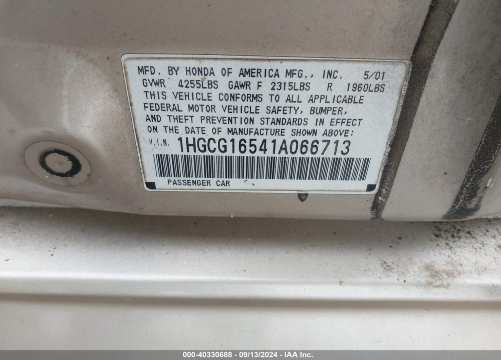 2001 HONDA ACCORD VIN: 1HGCG16541A066713