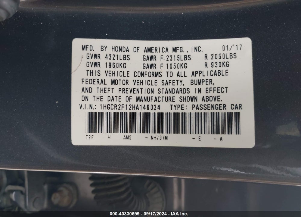 2017 HONDA ACCORD SPORT SE VIN: 1HGCR2F12HA146034