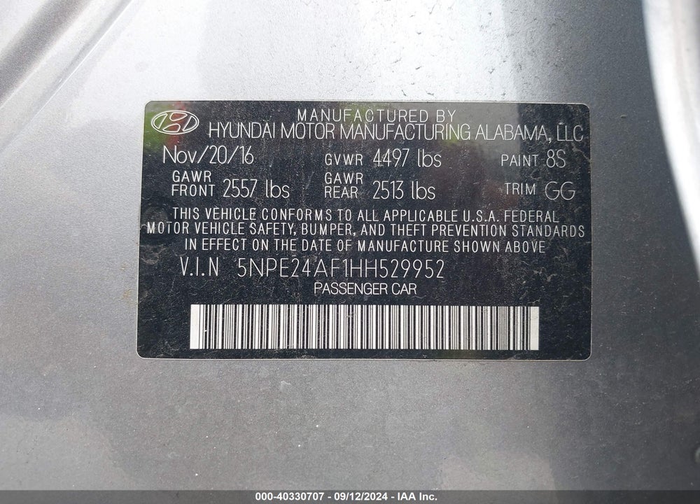 2017 HYUNDAI SONATA SE VIN: 5NPE24AF1HH529952