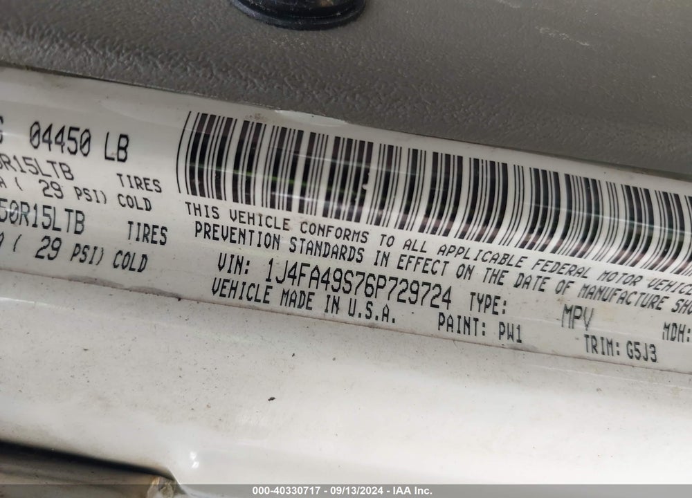 2006 JEEP WRANGLER SPORT VIN: 1J4FA49S76P729724
