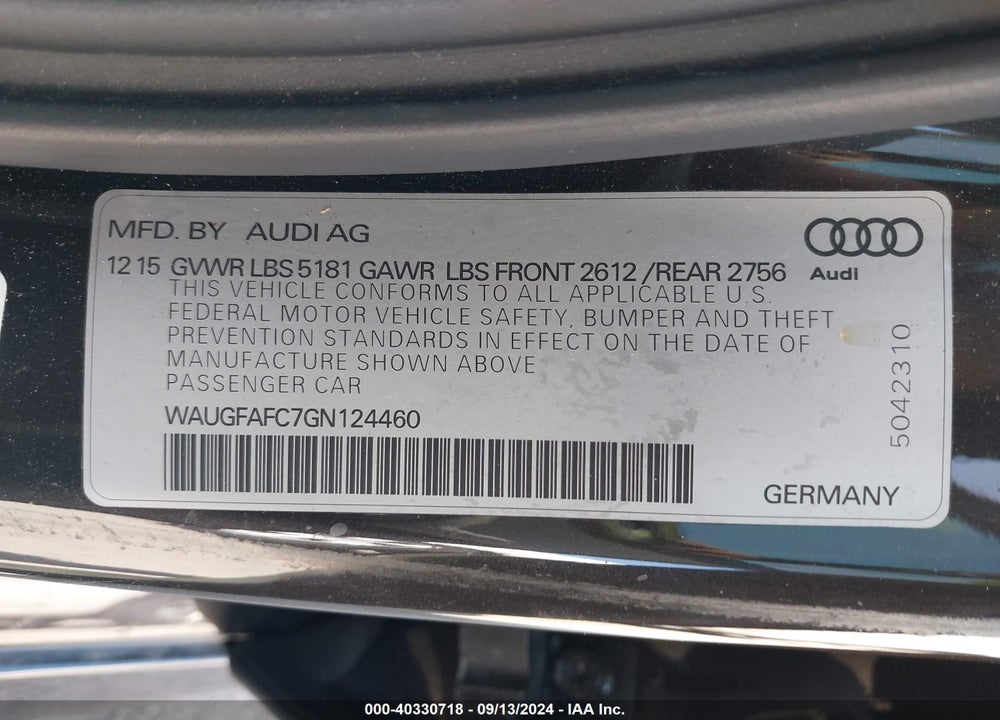 2016 AUDI A6 2.0T PREMIUM PLUS VIN: WAUGFAFC7GN124460