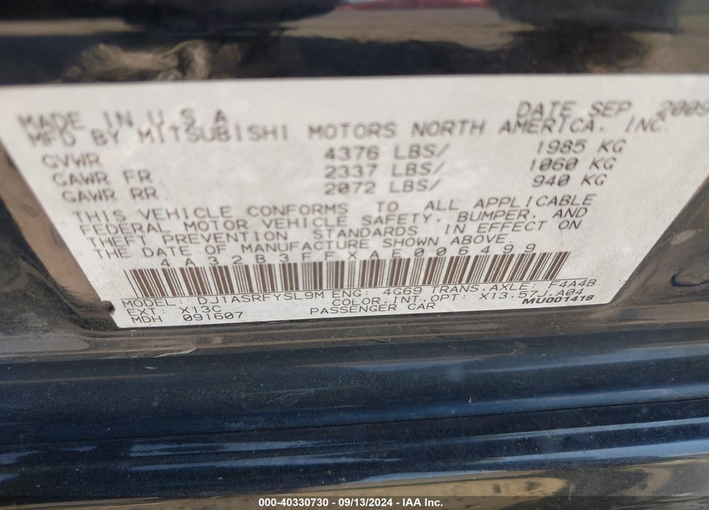 2010 MITSUBISHI GALANT ES/SE VIN: 4A32B3FFXAE006499