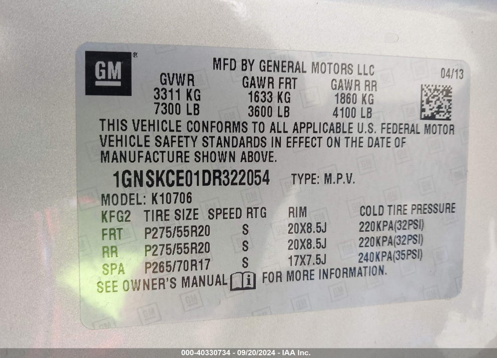 2013 CHEVROLET TAHOE LTZ VIN: 1GNSKCE01DR322054