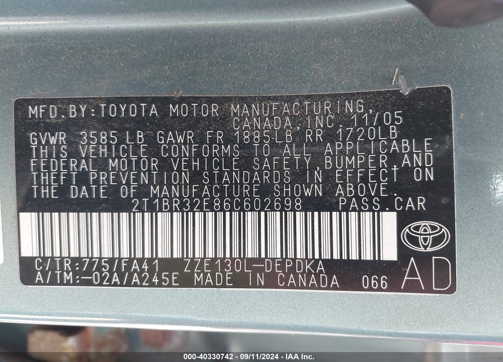2006 TOYOTA COROLLA CE VIN: 2T1BR32E86C602698
