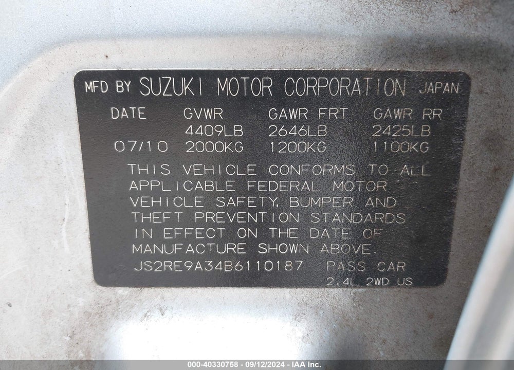 2011 SUZUKI KIZASHI SE VIN: JS2RE9A34B6110187