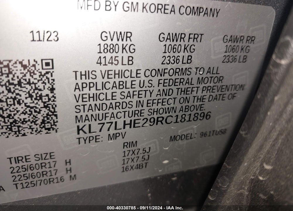 2024 CHEVROLET TRAX FWD LT VIN: KL77LHE29RC181896