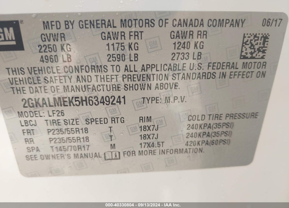 2017 GMC TERRAIN SLE-1 VIN: 2GKALMEK5H6349241