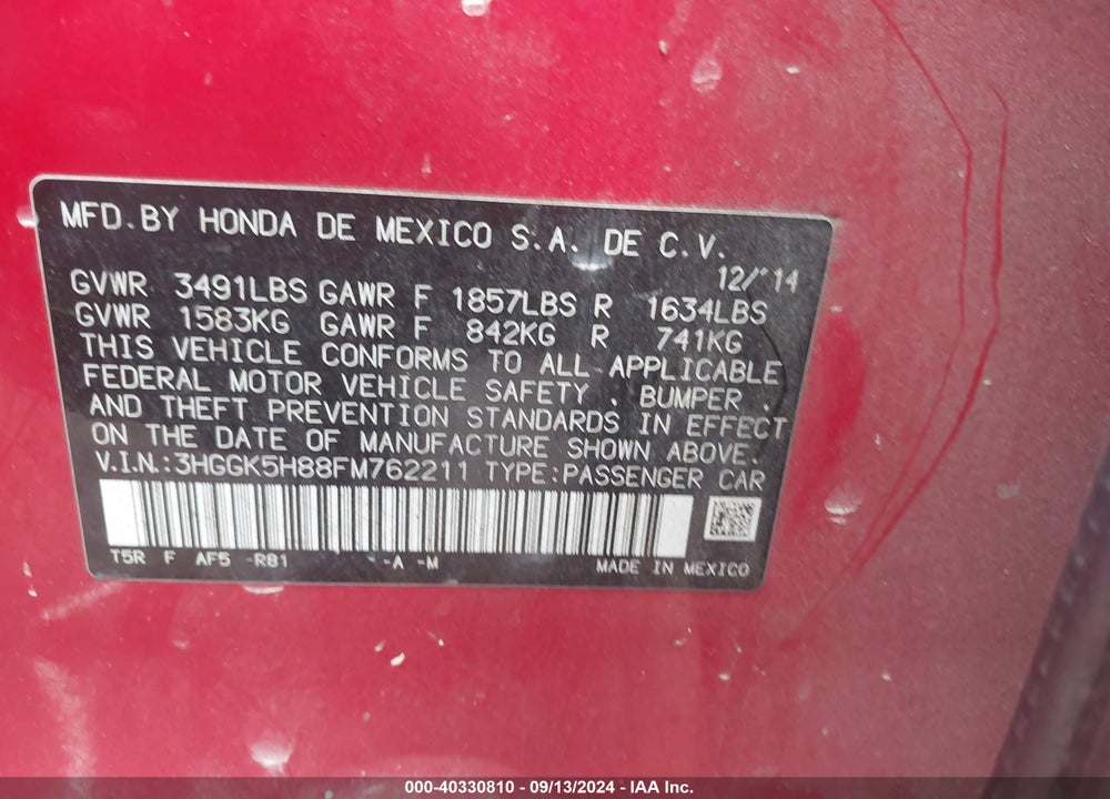 2015 HONDA FIT EX/EX-L VIN: 3HGGK5H88FM762211