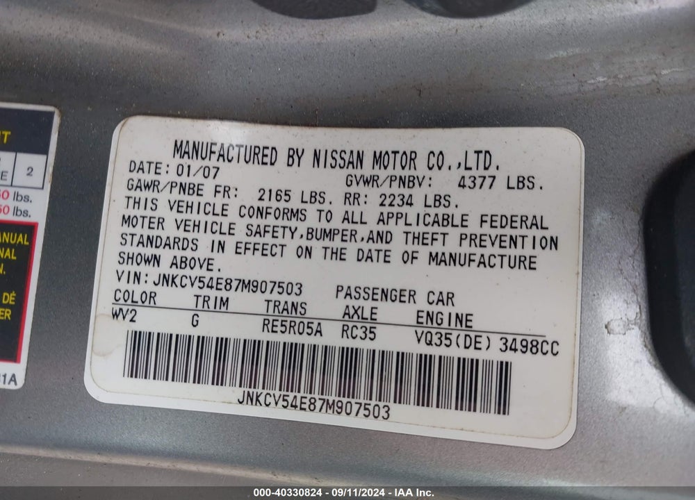 2007 INFINITI G35 VIN: JNKCV54E87M907503