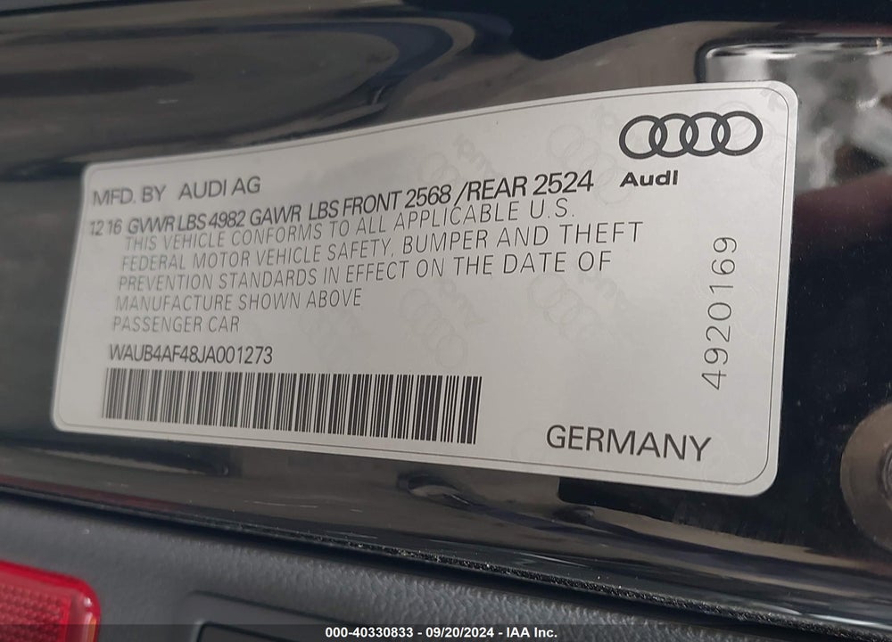 2018 AUDI S4 3.0T PREMIUM PLUS VIN: WAUB4AF48JA001273