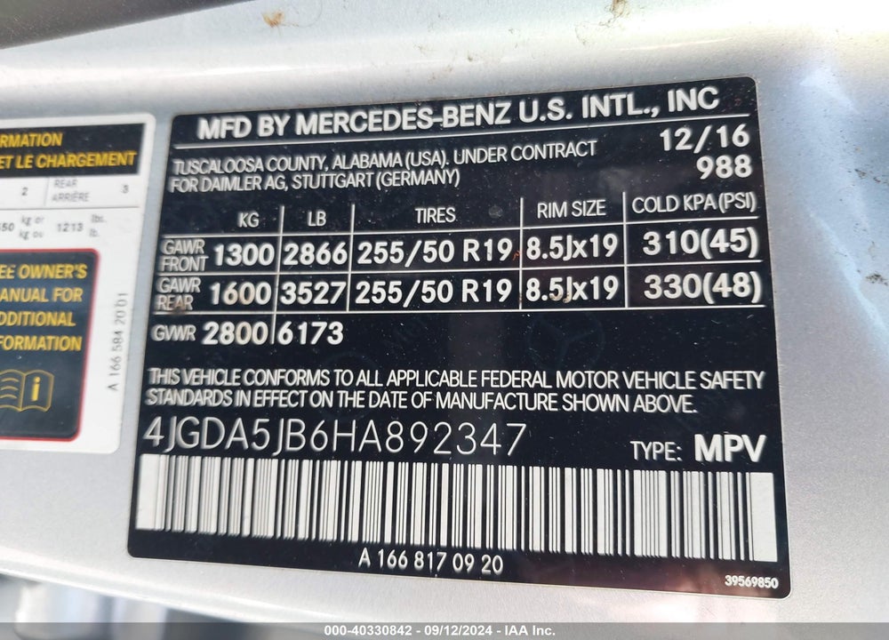 2017 MERCEDES-BENZ GLE 350 VIN: 4JGDA5JB6HA892347