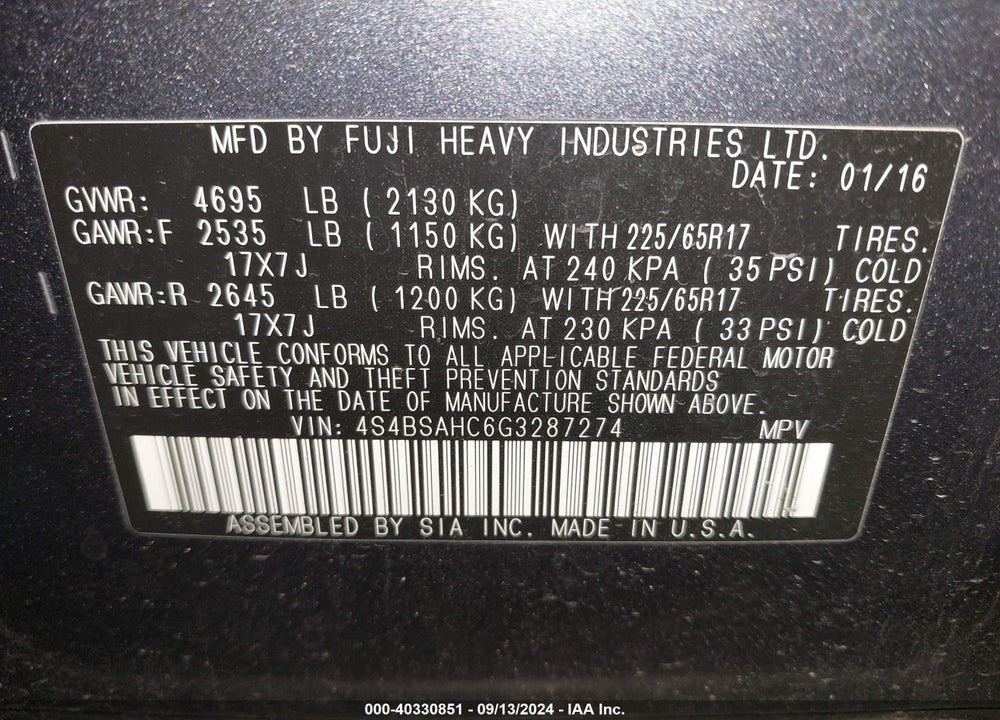 2016 SUBARU OUTBACK 2.5I PREMIUM VIN: 4S4BSAHC6G3287274