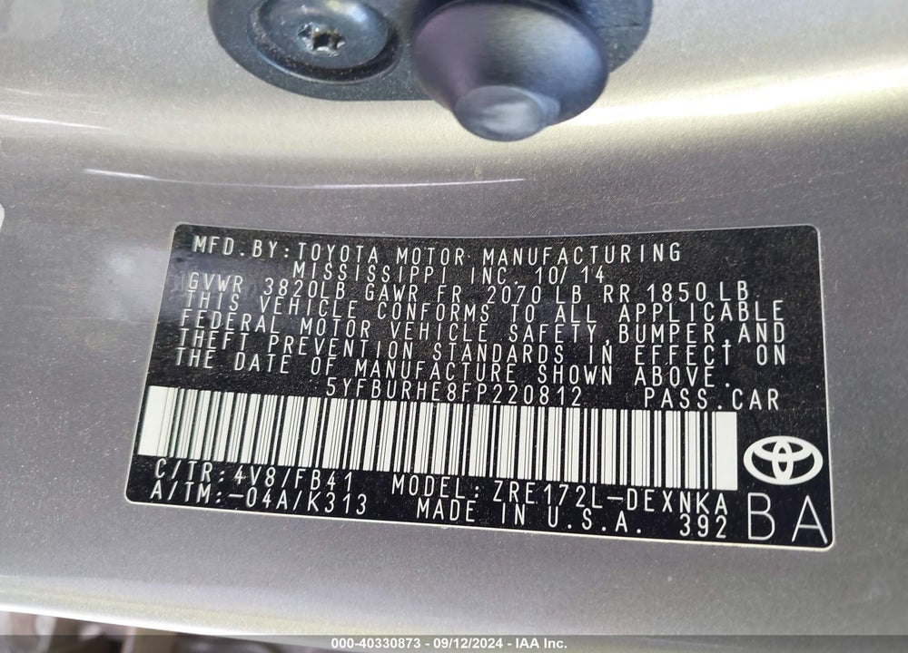 2015 TOYOTA COROLLA LE VIN: 5YFBURHE8FP220812