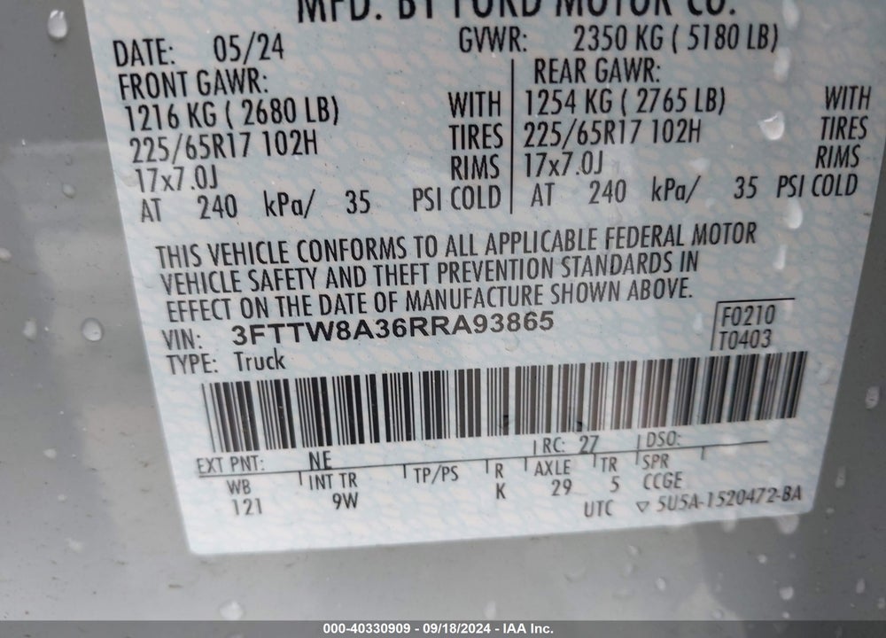 2024 FORD MAVERICK XL VIN: 3FTTW8A36RRA93865