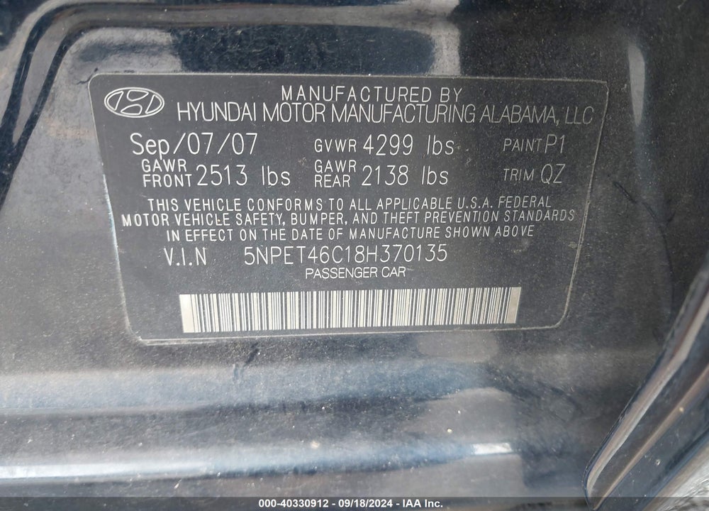 2008 HYUNDAI SONATA GLS VIN: 5NPET46C18H370135
