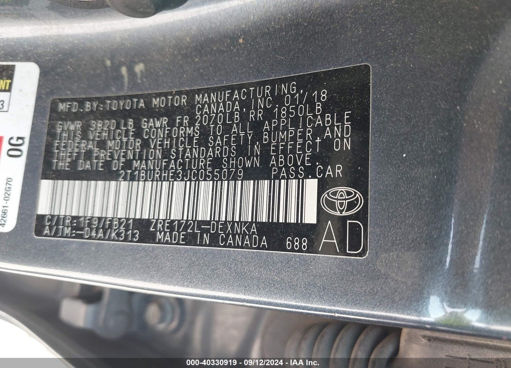 2018 TOYOTA COROLLA LE VIN: 2T1BURHE3JC055079