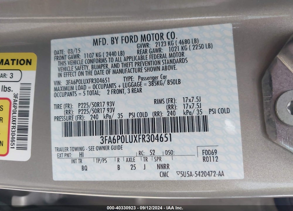 2015 FORD FUSION HYBRID VIN: 3FA6P0LUXFR304651