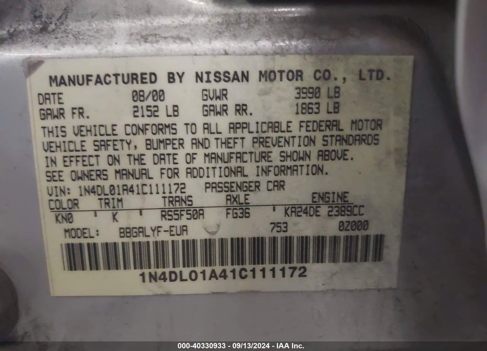 2001 NISSAN ALTIMA SE VIN: 1N4DL01A41C111172