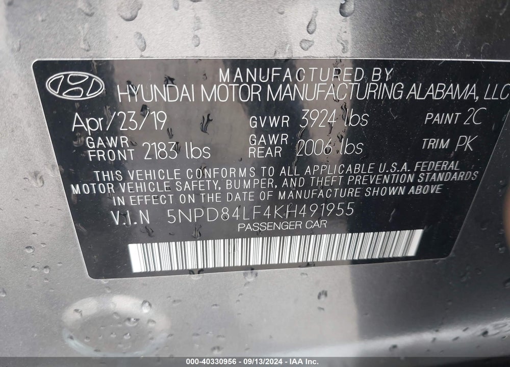 2019 HYUNDAI ELANTRA VALUE EDITION VIN: 5NPD84LF4KH491955