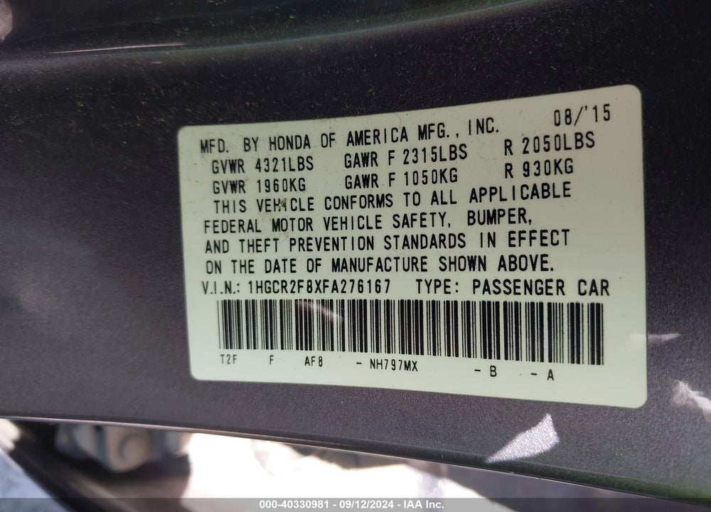 2015 HONDA ACCORD VIN: 1HGCR2F8XFA276167