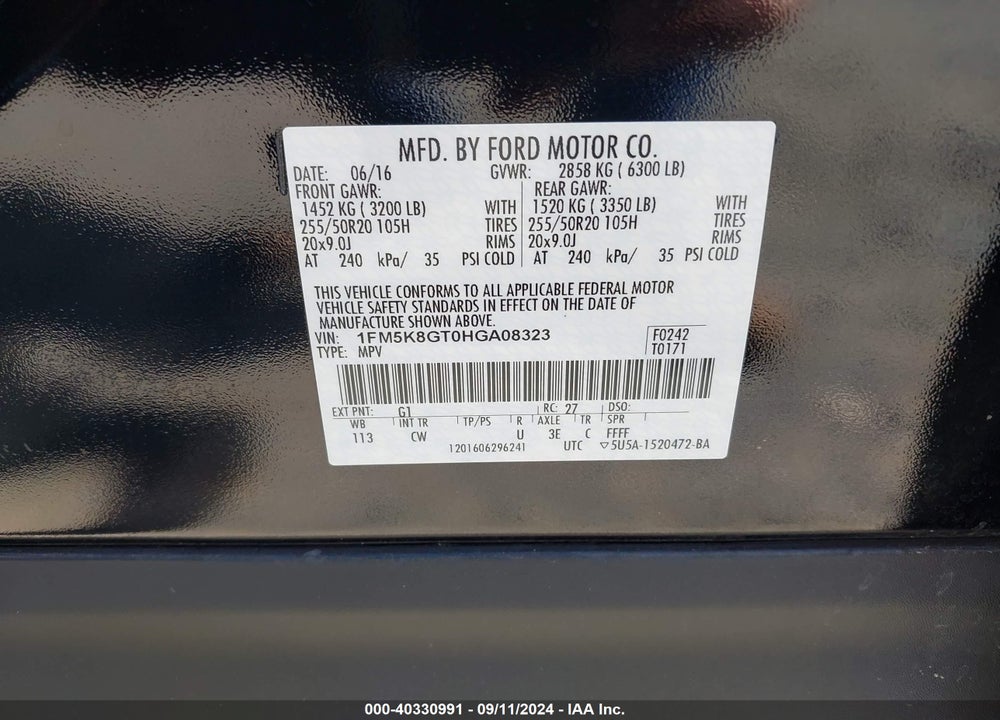 2017 FORD EXPLORER SPORT VIN: 1FM5K8GT0HGA08323
