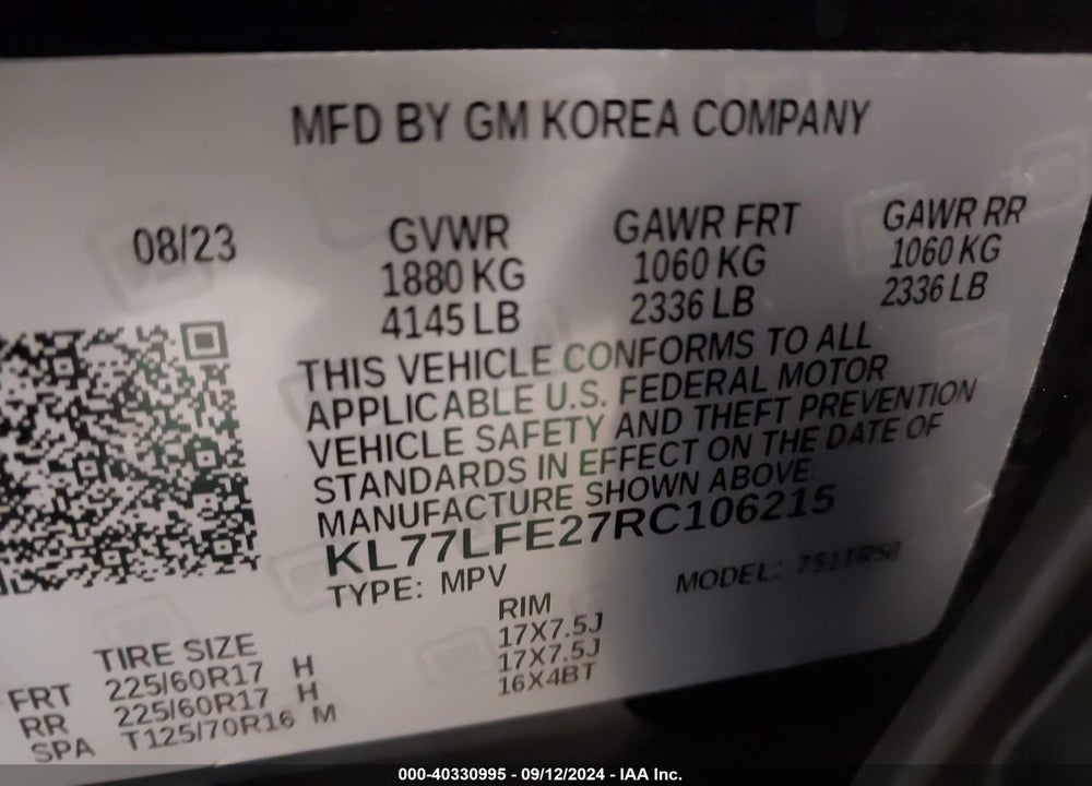2024 CHEVROLET TRAX FWD SP VIN: KL77LFE27RC106215