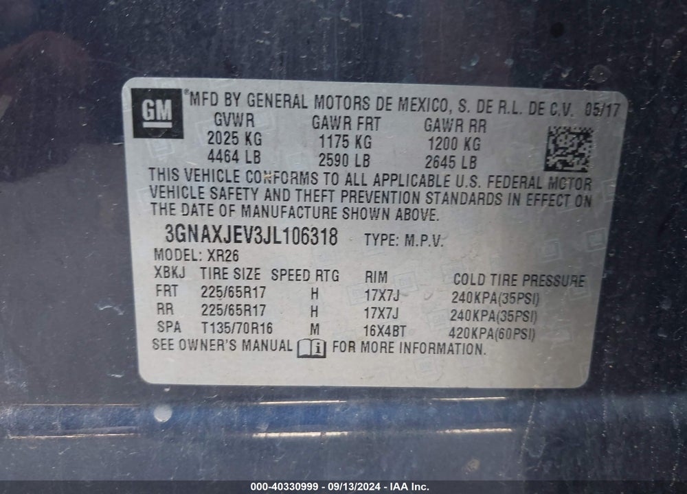 2018 CHEVROLET EQUINOX LT VIN: 3GNAXJEV3JL106318