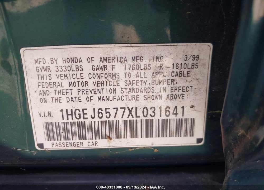 1999 HONDA CIVIC LX VIN: 1HGEJ6577XL031641