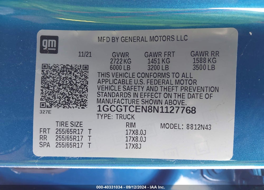 2022 CHEVROLET COLORADO VIN: 1GCGTCEN8N1127768