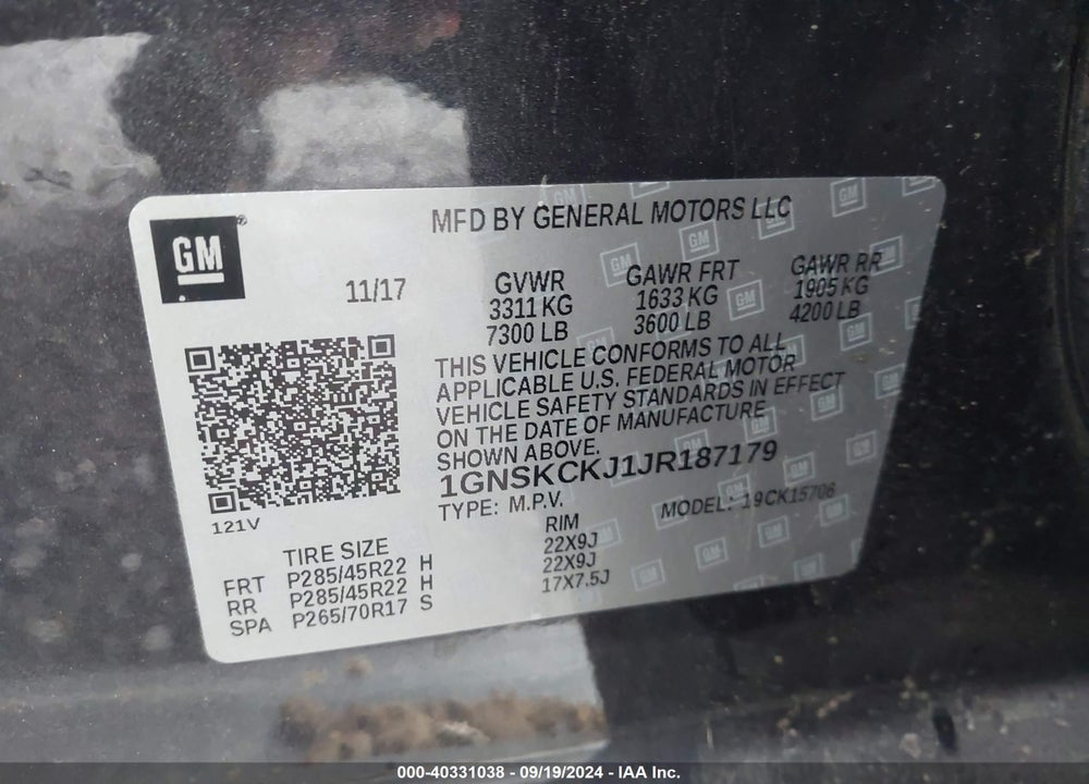 2018 CHEVROLET TAHOE PREMIER VIN: 1GNSKCKJ1JR187179