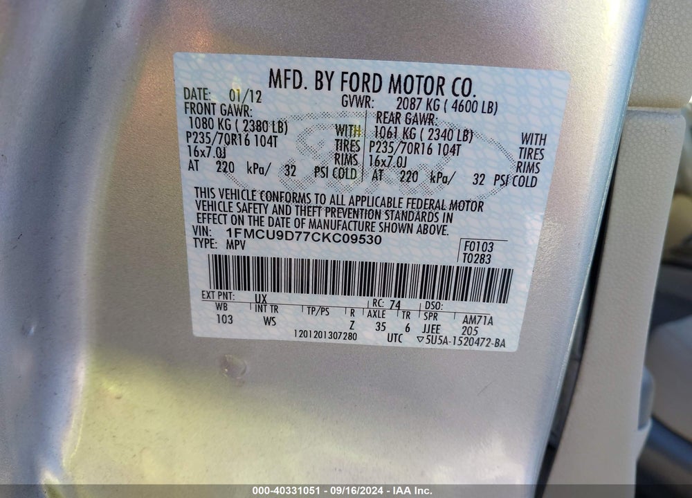 2012 FORD ESCAPE XLT VIN: 1FMCU9D77CKC09530