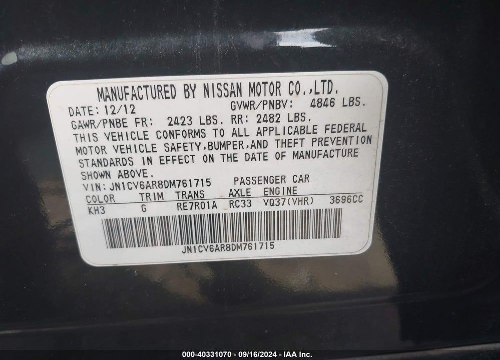 2013 INFINITI G37X VIN: JN1CV6AR8DM761715