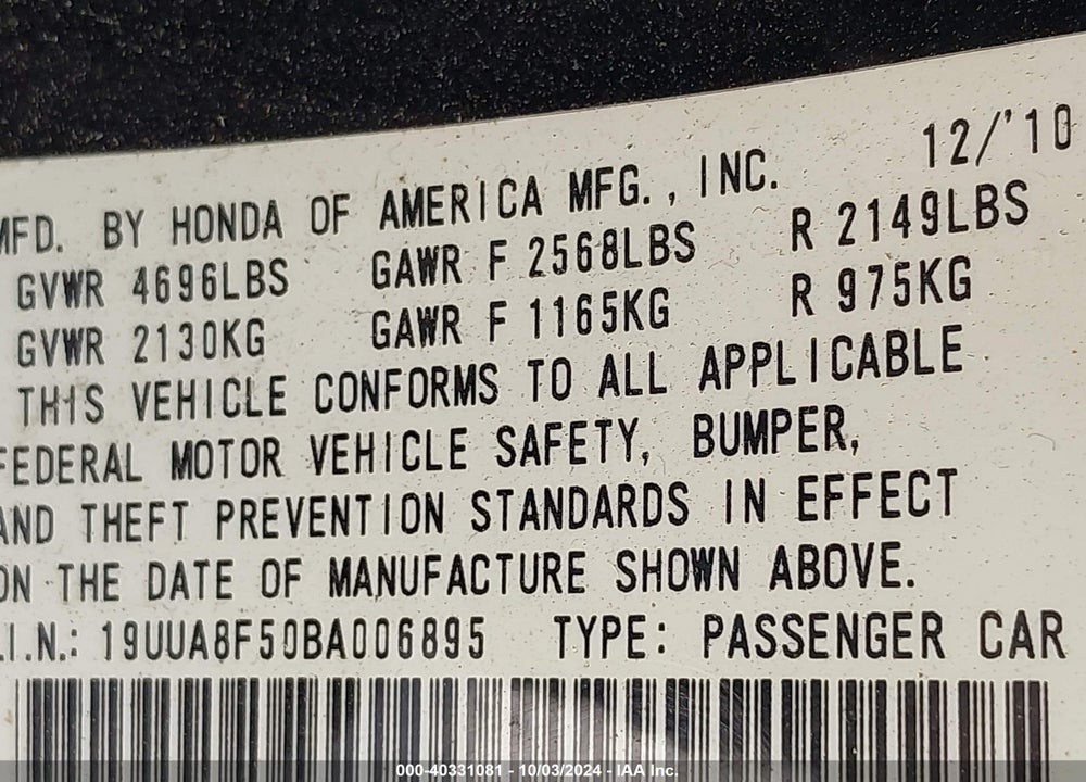2011 ACURA TL 3.5 VIN: 19UUA8F50BA006895