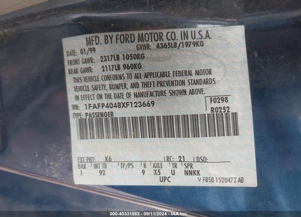 1999 FORD MUSTANG VIN: 1FAFP4048XF123669