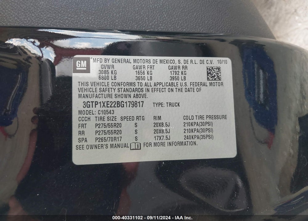 2011 GMC SIERRA 1500 DENALI VIN: 3GTP1XE22BG179817