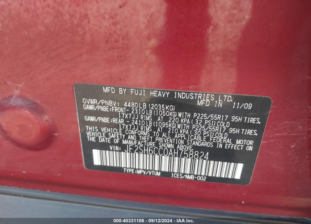 2010 SUBARU FORESTER 2.5X PREMIUM VIN: JF2SH6CC0AH758824