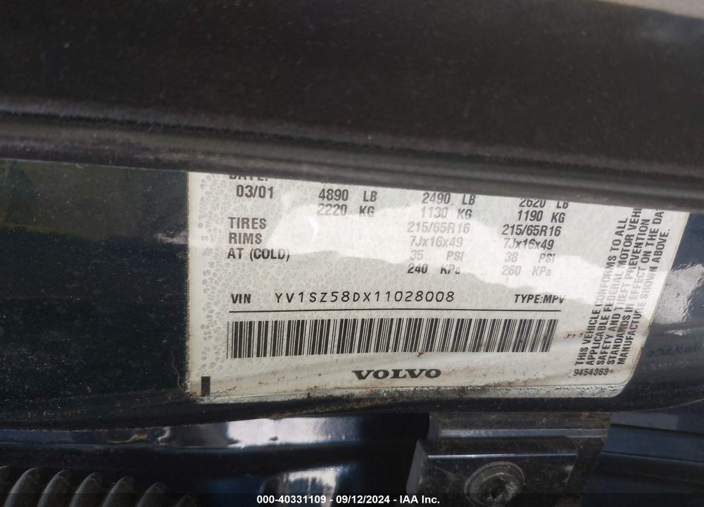2001 VOLVO V70 XC VIN: YV1SZ58DX11028008