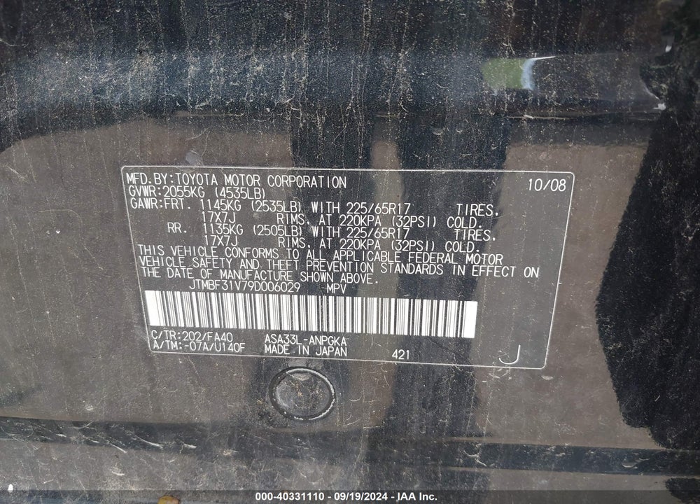 2009 TOYOTA RAV4 LIMITED VIN: JTMBF31V79D006029