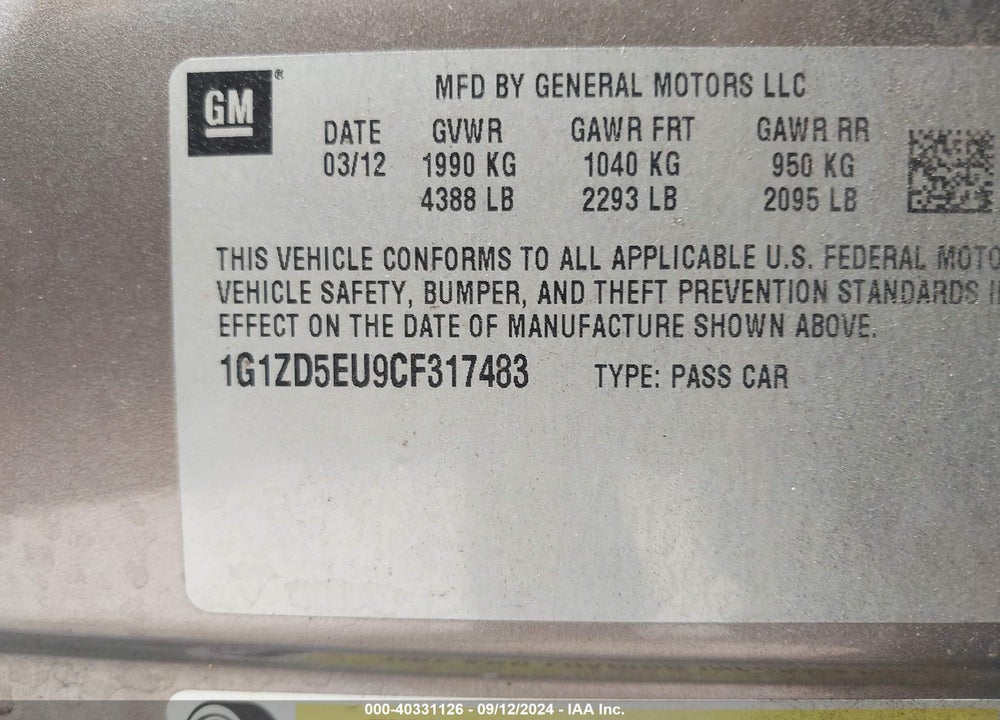 2012 CHEVROLET MALIBU 2LT VIN: 1G1ZD5EU9CF317483