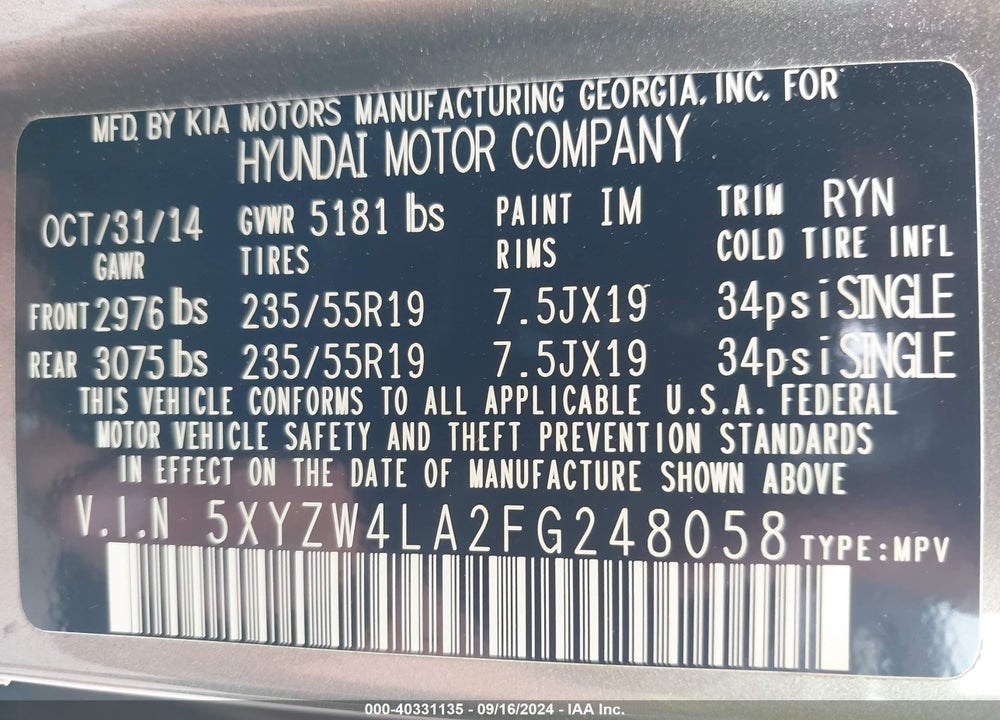 2015 HYUNDAI SANTA FE SPORT 2.0L TURBO VIN: 5XYZW4LA2FG248058