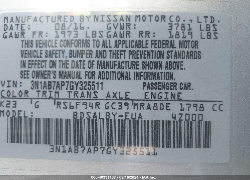2016 NISSAN SENTRA S VIN: 3N1AB7AP7GY325511