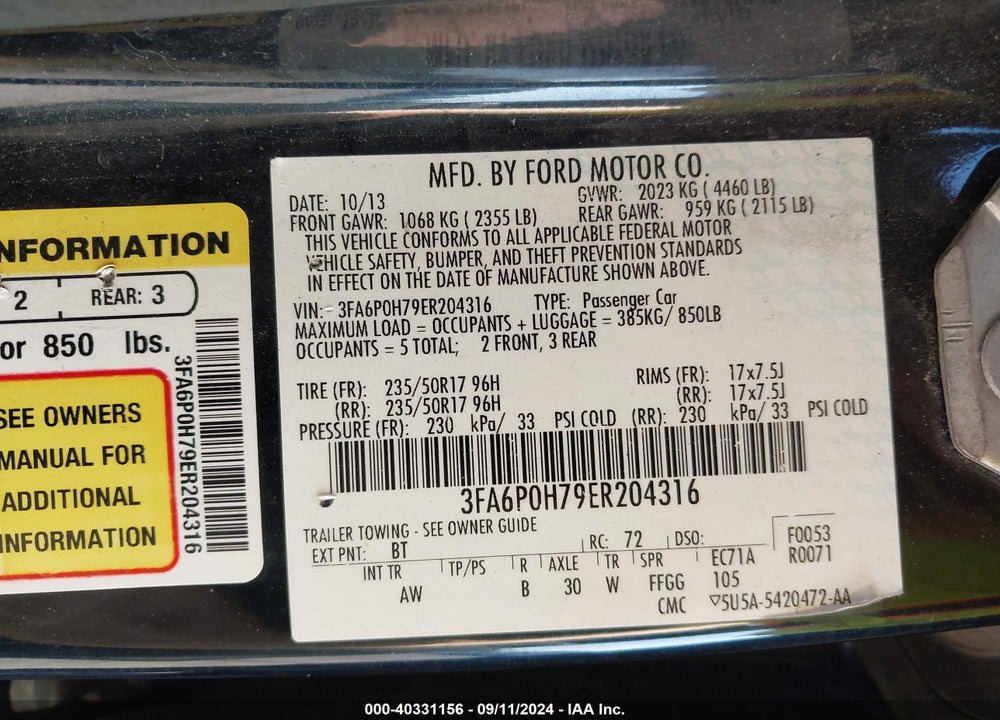 2014 FORD FUSION SE VIN: 3FA6P0H79ER204316