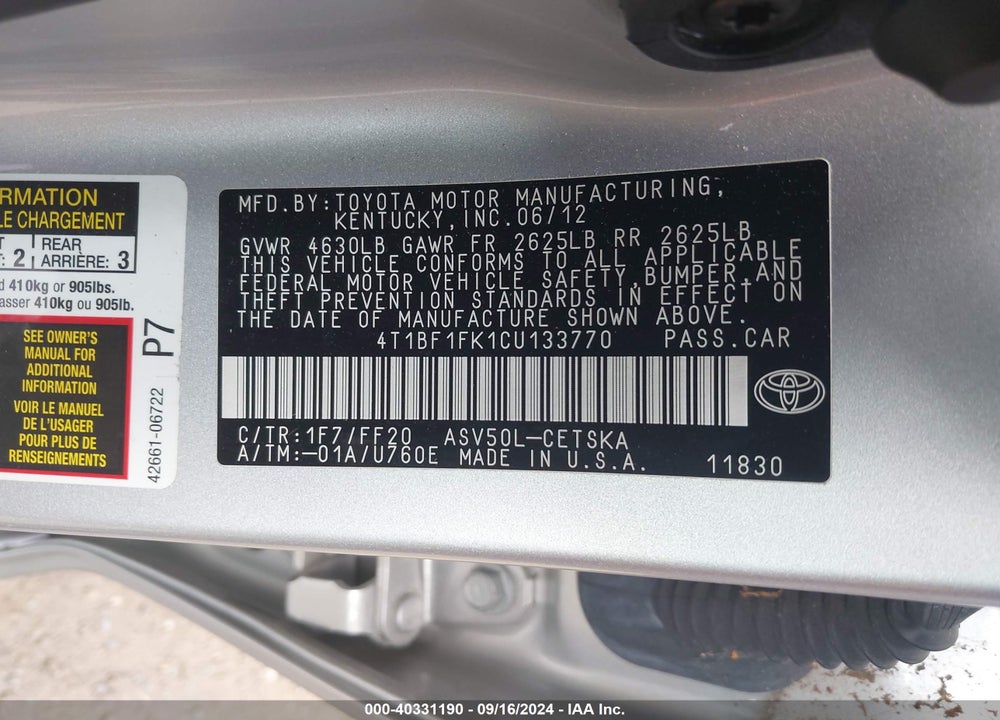 2012 TOYOTA CAMRY SE VIN: 4T1BF1FK1CU133770