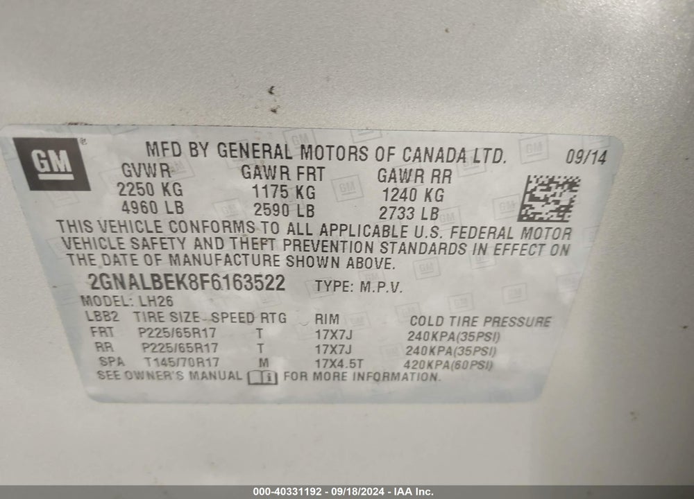 2015 CHEVROLET EQUINOX 1LT VIN: 2GNALBEK8F6163522